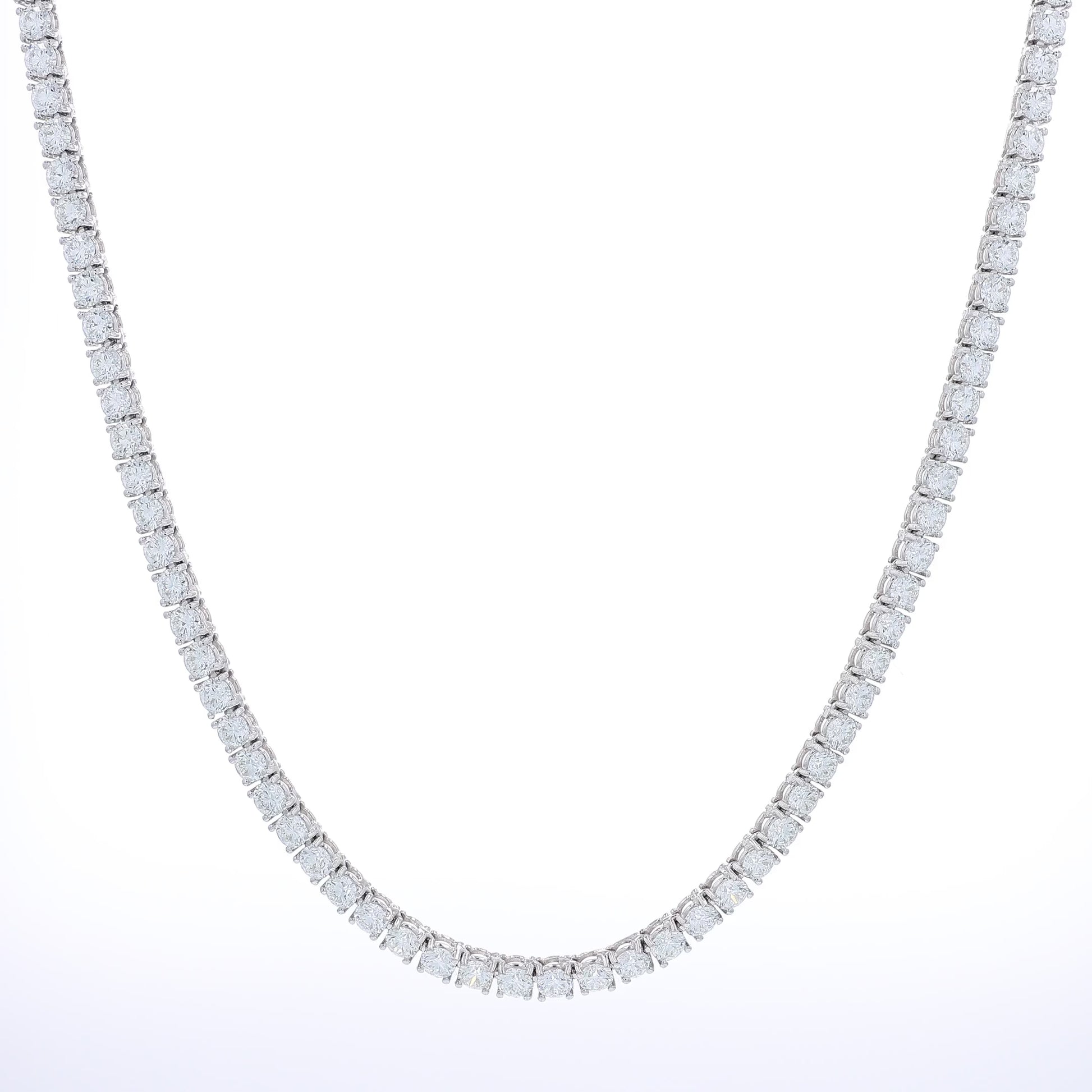 White gold 31.23 carat diamond tennis necklace on a white background