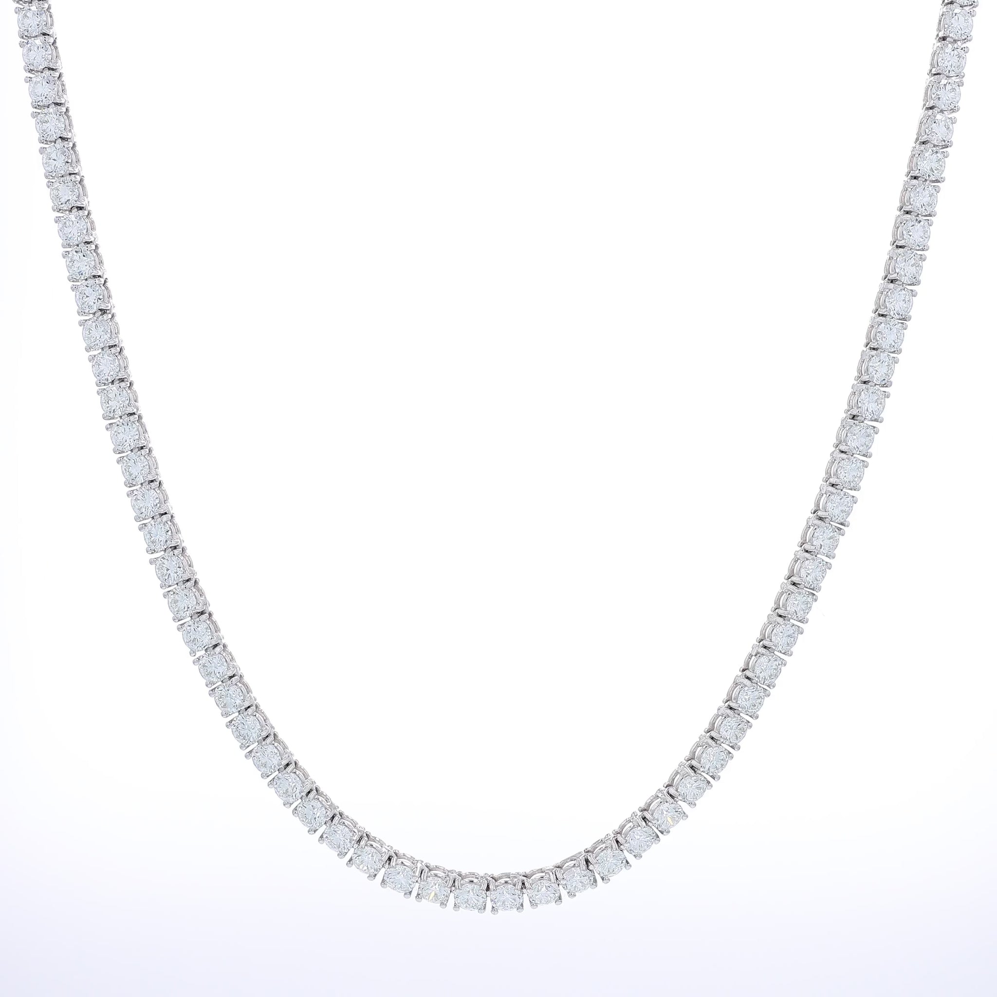 White gold 31.23 carat diamond tennis necklace on a white background
