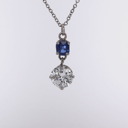 Estate Platinum and 18 Karat White Gold Diamond and Sapphire Dangle Pendant Necklace
