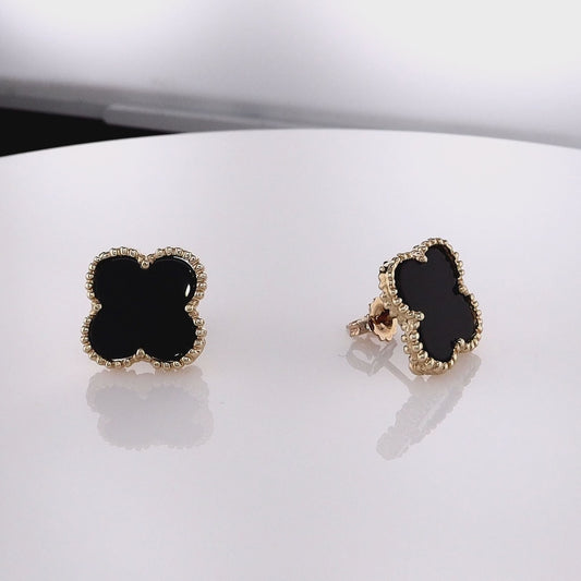 14k Yellow Gold Beaded Edge Black Onyx Clover Stud Earrings