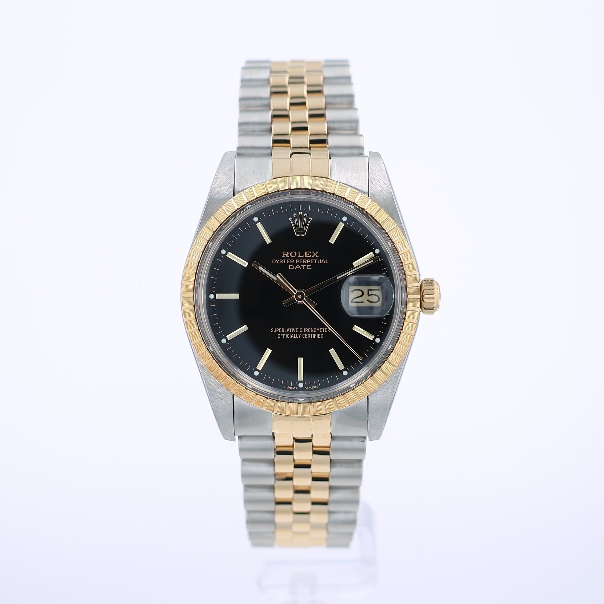 360 degree video of a steel and Yellow Gold Rolex watch with black dial on a white background