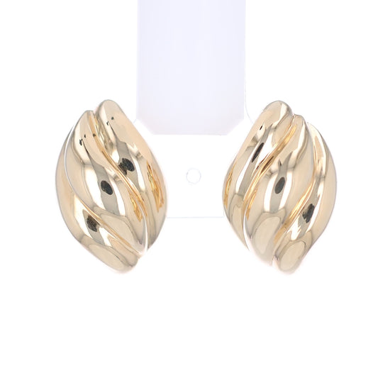 Gold tapered ribbed design earrings on a white background