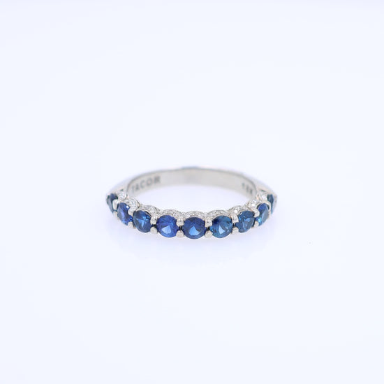 Tacori white gold sapphire and diamond halfway wedding band on a white background