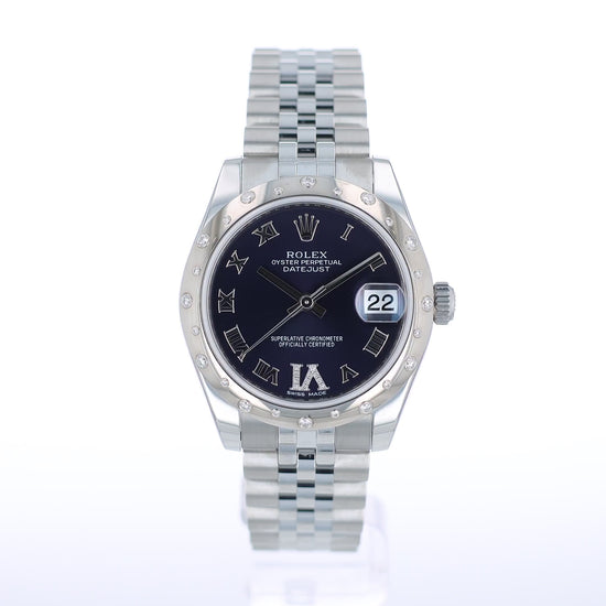 360 degree video of a Rolex watch with a dark purple dial, white gold diamond bezel and silver jubilee bracelet on a white background