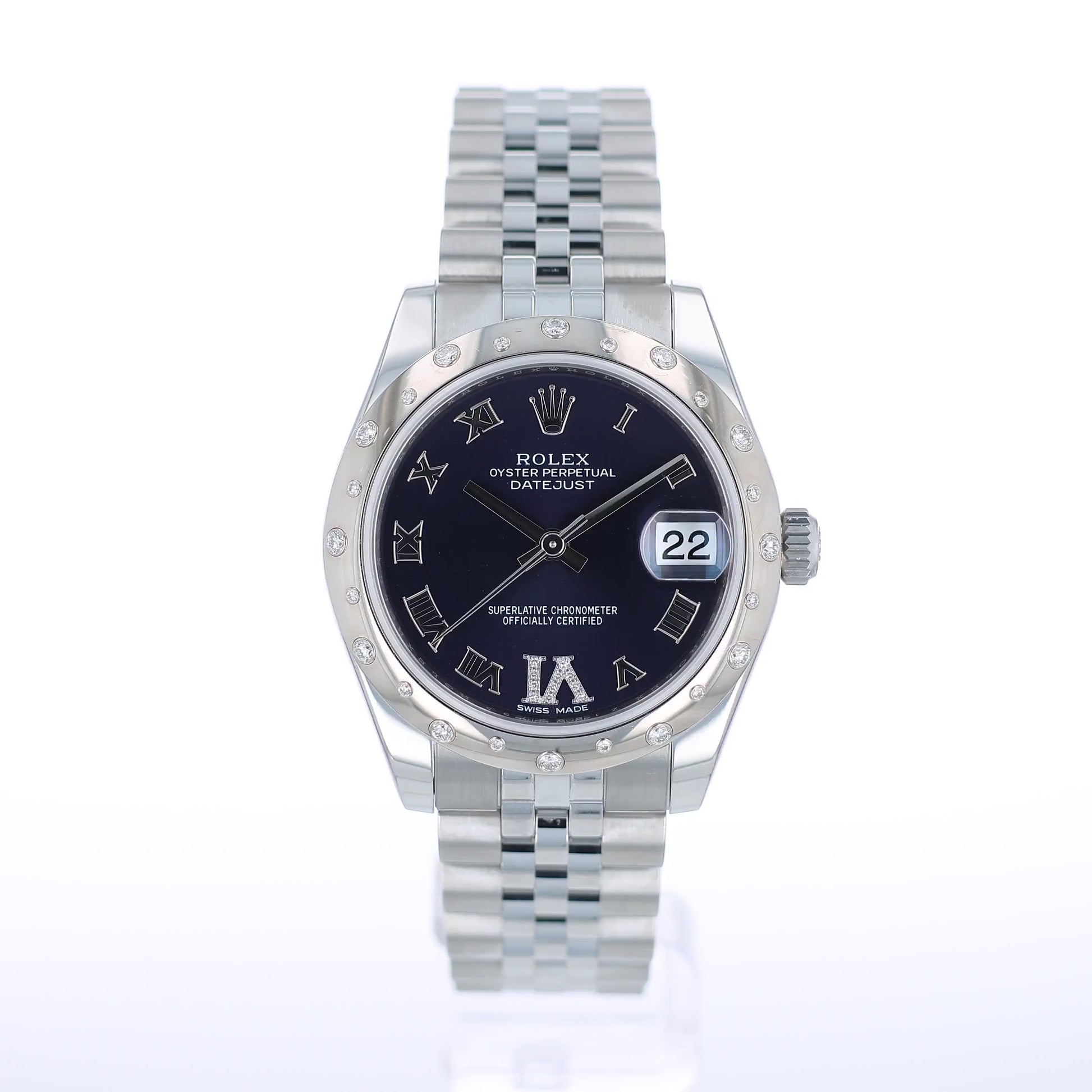 360 degree video of a Rolex watch with a dark purple dial, white gold diamond bezel and silver jubilee bracelet on a white background