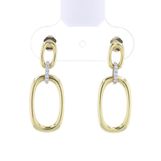 Gold link drop earrings with diamond accents on a white background