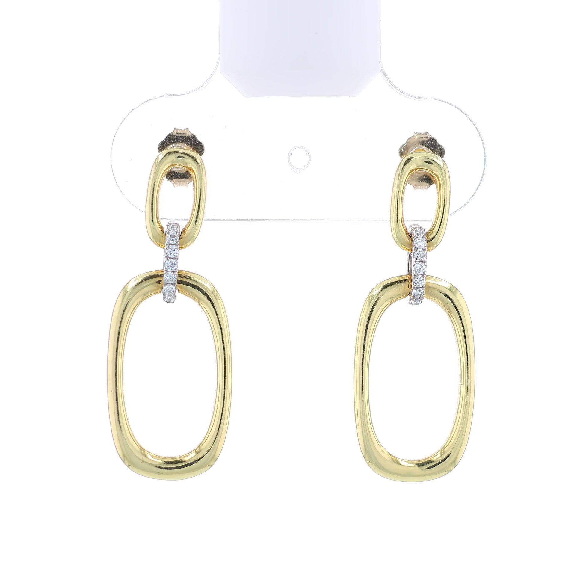 Gold link drop earrings with diamond accents on a white background