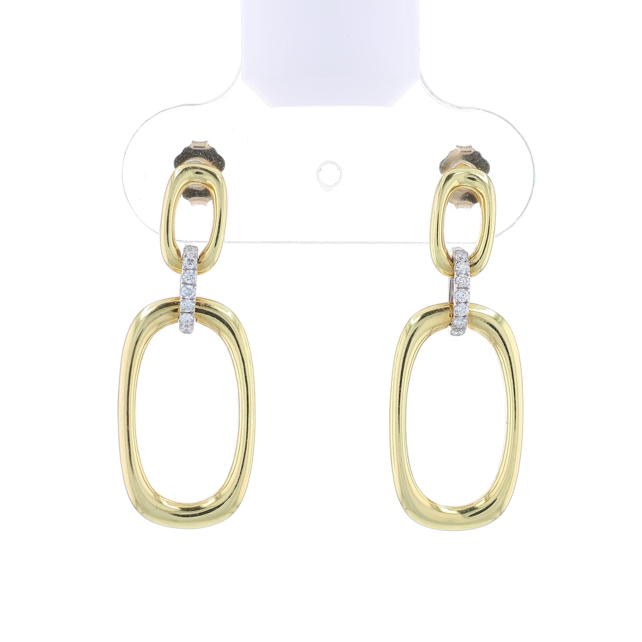 Gold link drop earrings with diamond accents on a white background