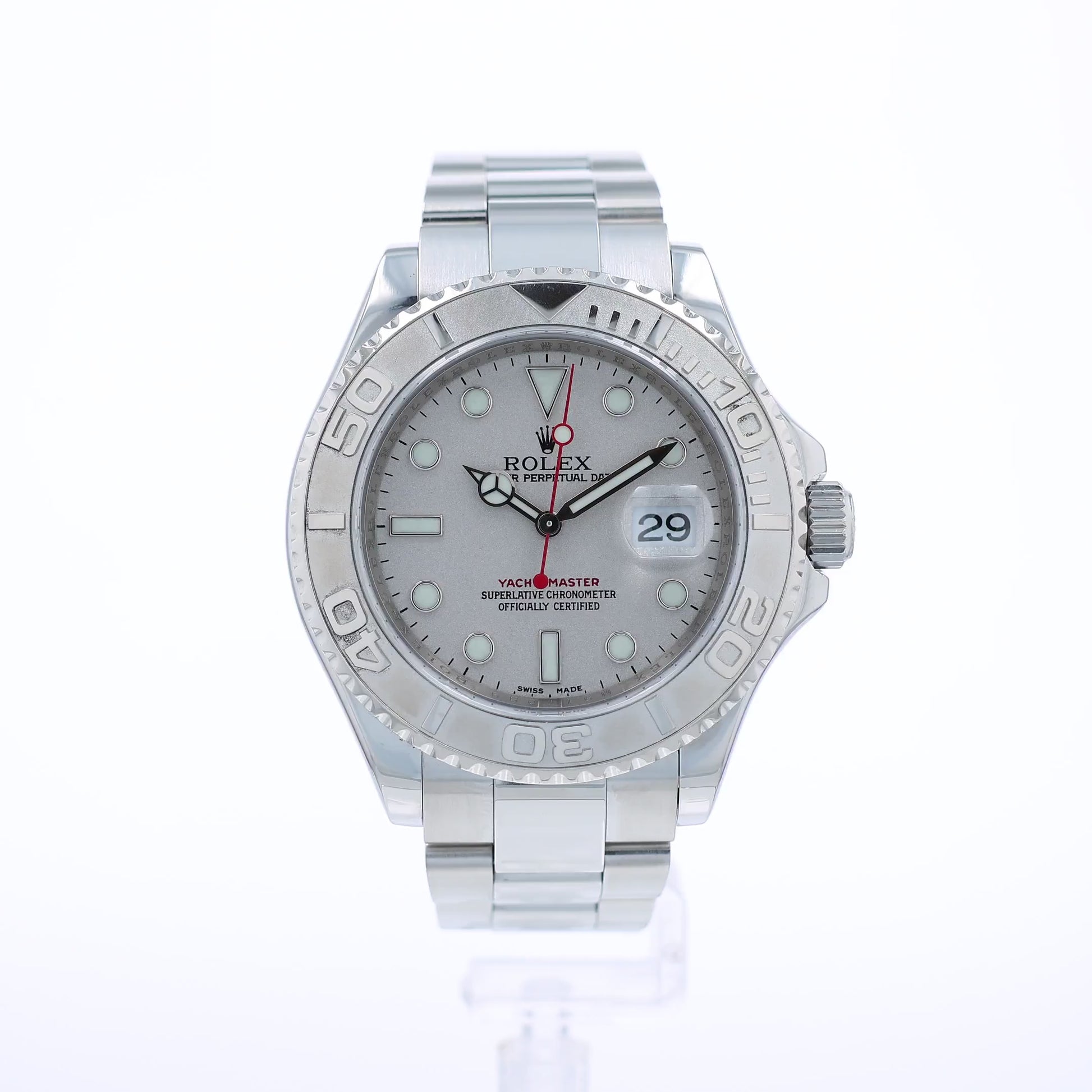 Steel Rolex watch with a platinum dial and bezel on a white background