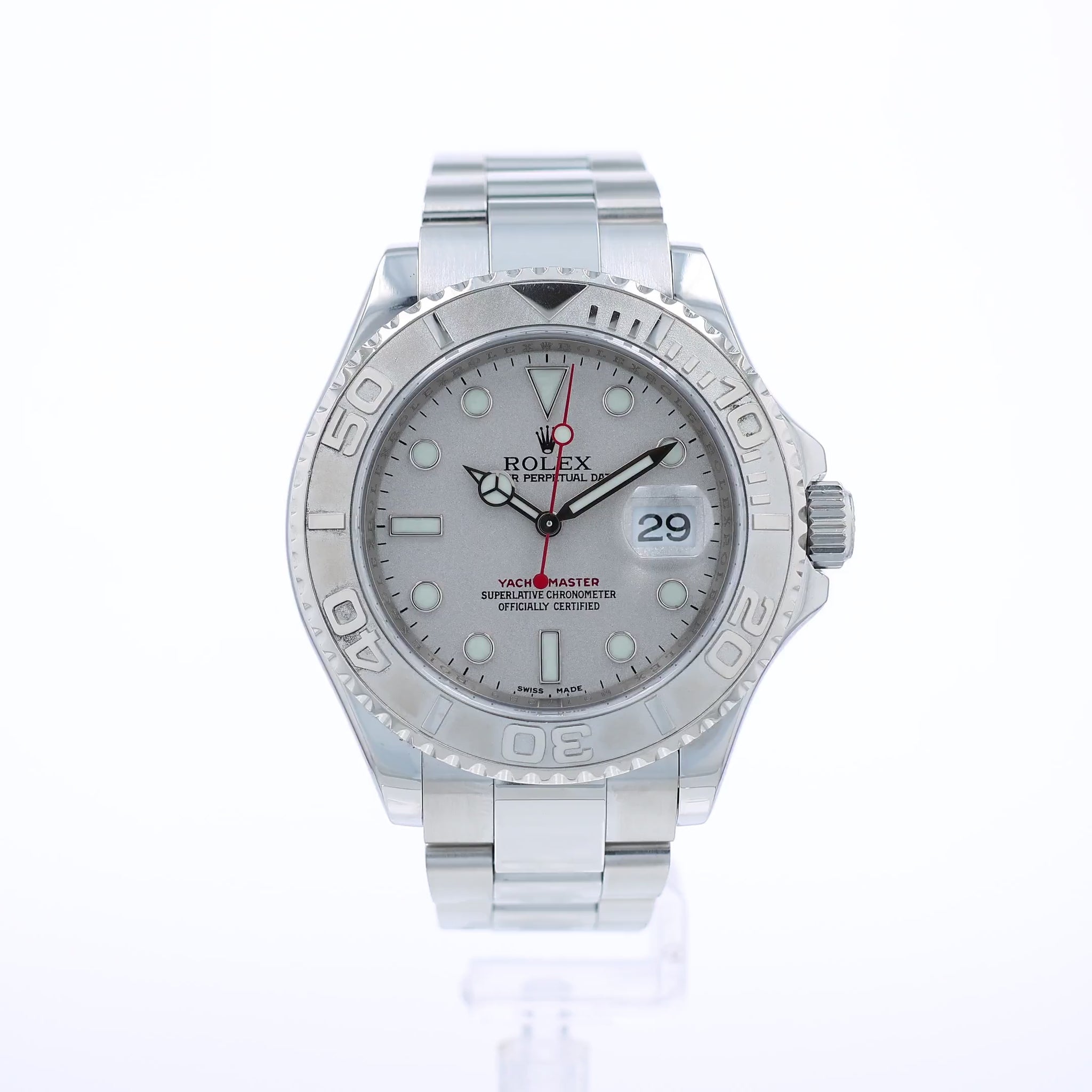 Steel Rolex watch with a platinum dial and bezel on a white background
