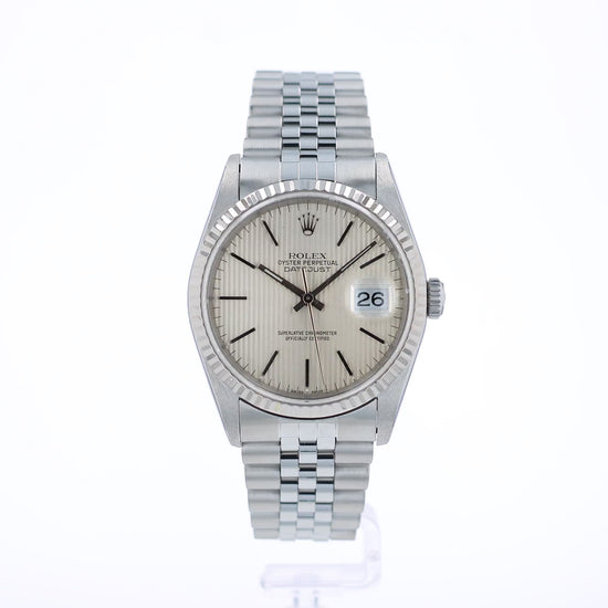 360 degree video of a Rolex watch with a silver tapestry dial and a white gold fluted bezel on a white background