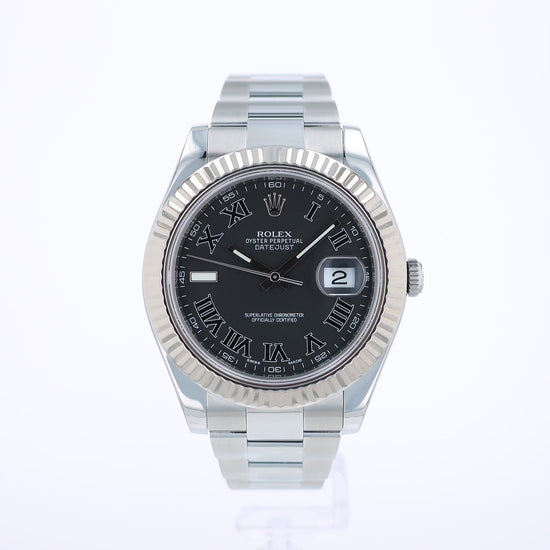 360 degree video of a steel Rolex watch with a grey dial and Roman numerals on a white background
