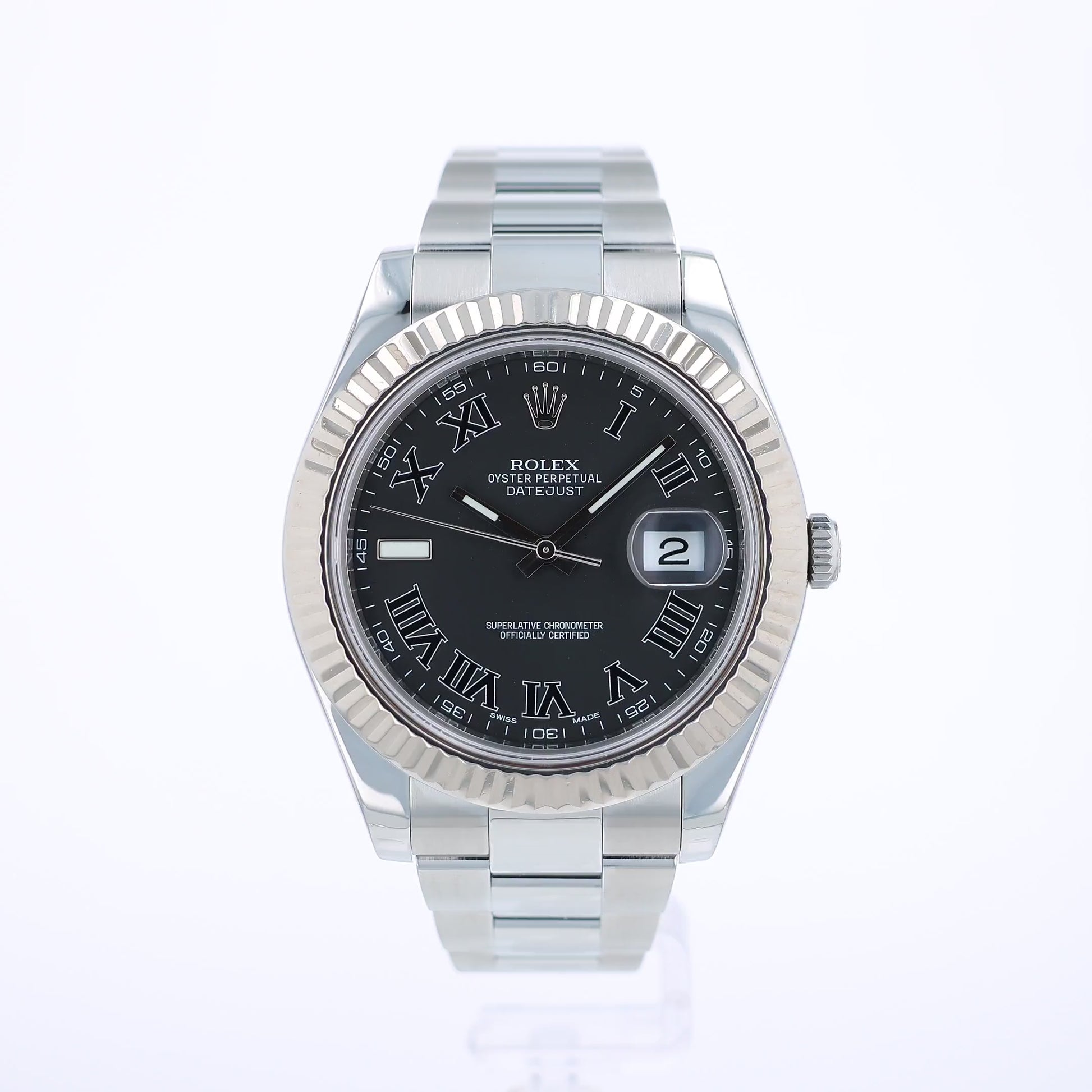 360 degree video of a steel Rolex watch with a grey dial and Roman numerals on a white background