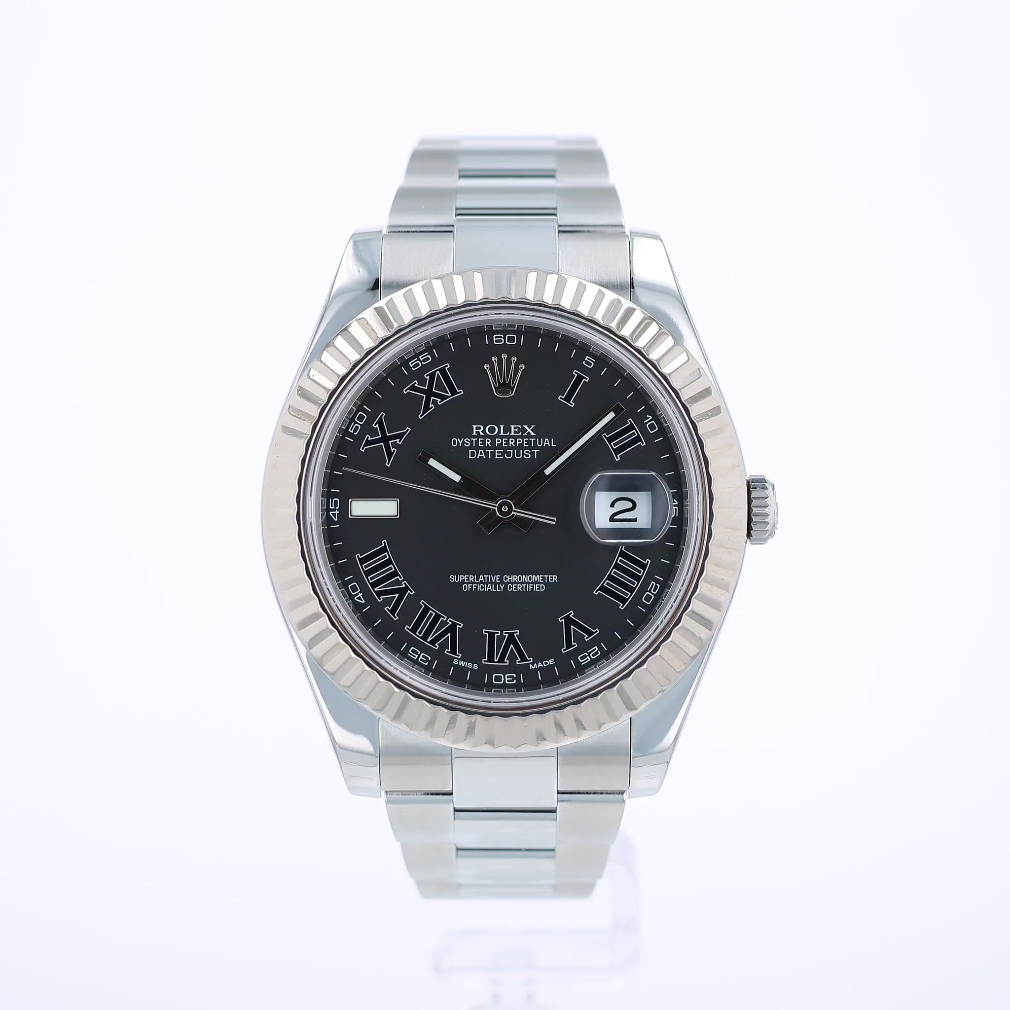 360 degree video of a steel Rolex watch with a grey dial and Roman numerals on a white background