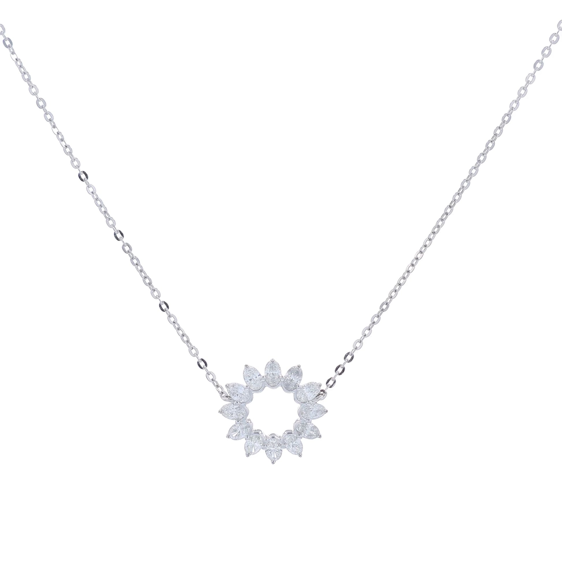 White gold oval diamond open circle pendant necklace on a white background