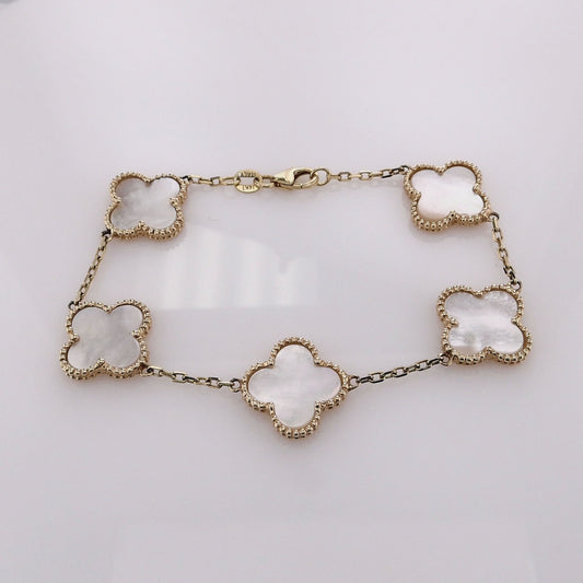 14k Yellow Gold 7.5" Mother of Pearl Clover Design Station Bracelet