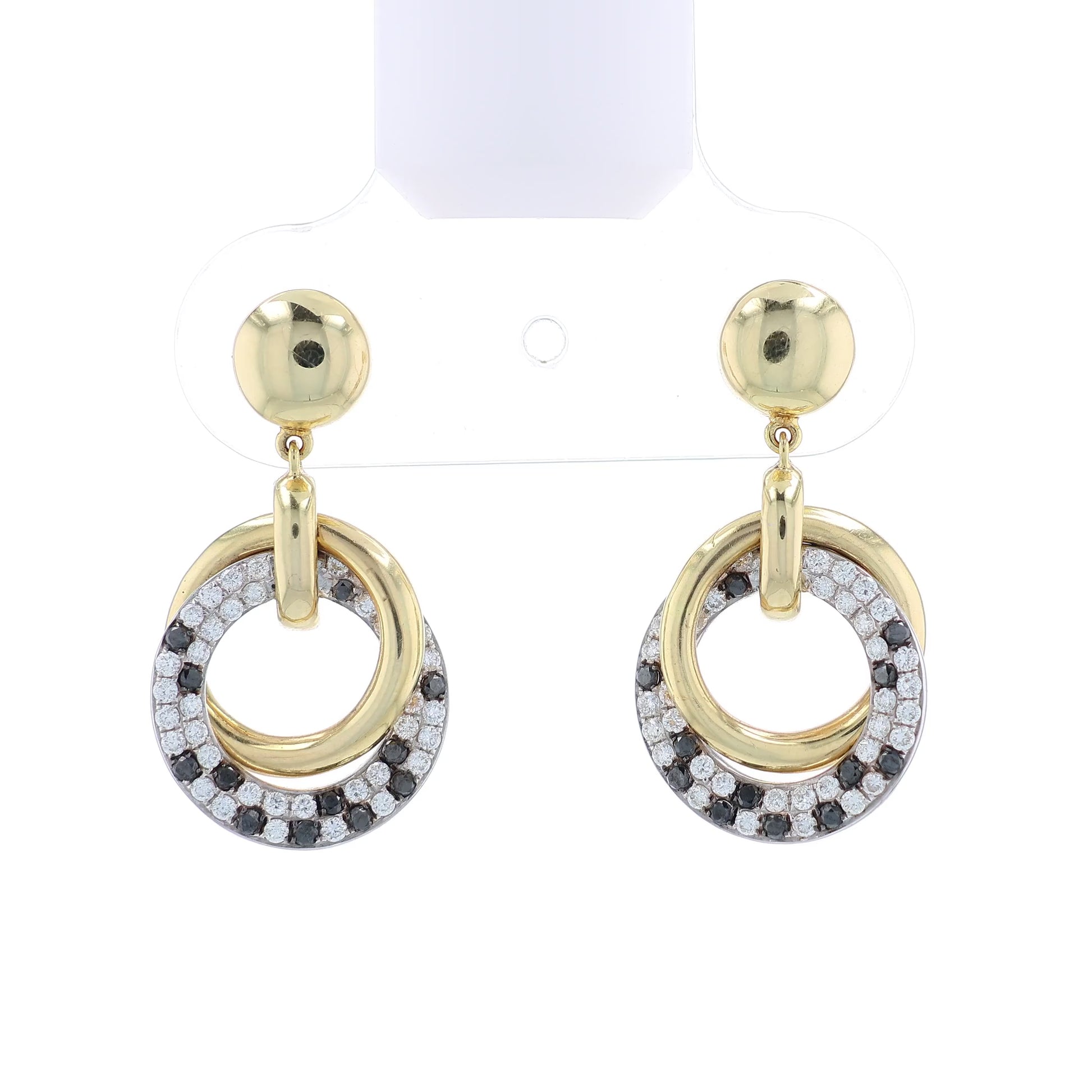 Two-tone gold drop earrings with entwined black and white diamond circles on a white background