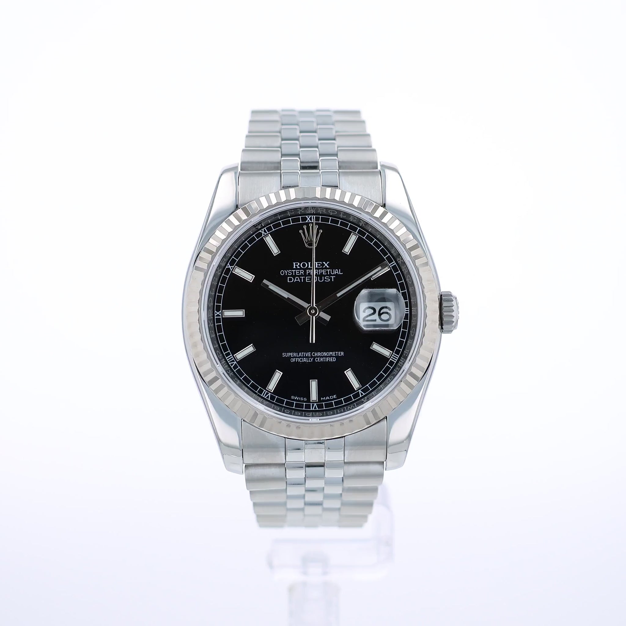 360 degree video of a silver Rolex watch with a black dial and fluted white gold bezel on a white background