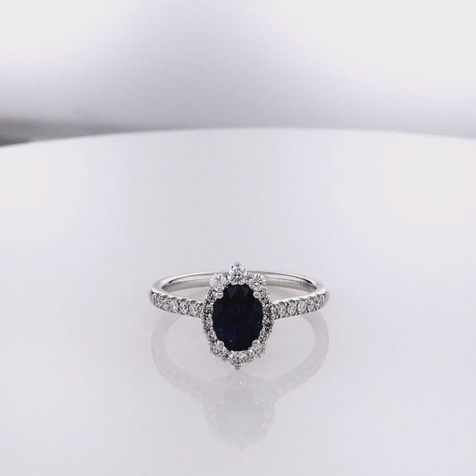 14k White Gold Oval Sapphire and Diamond Halo Ring