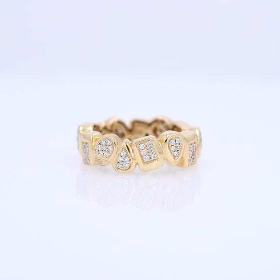 Yellow gold geometric shape design diamond eternity band on a white background