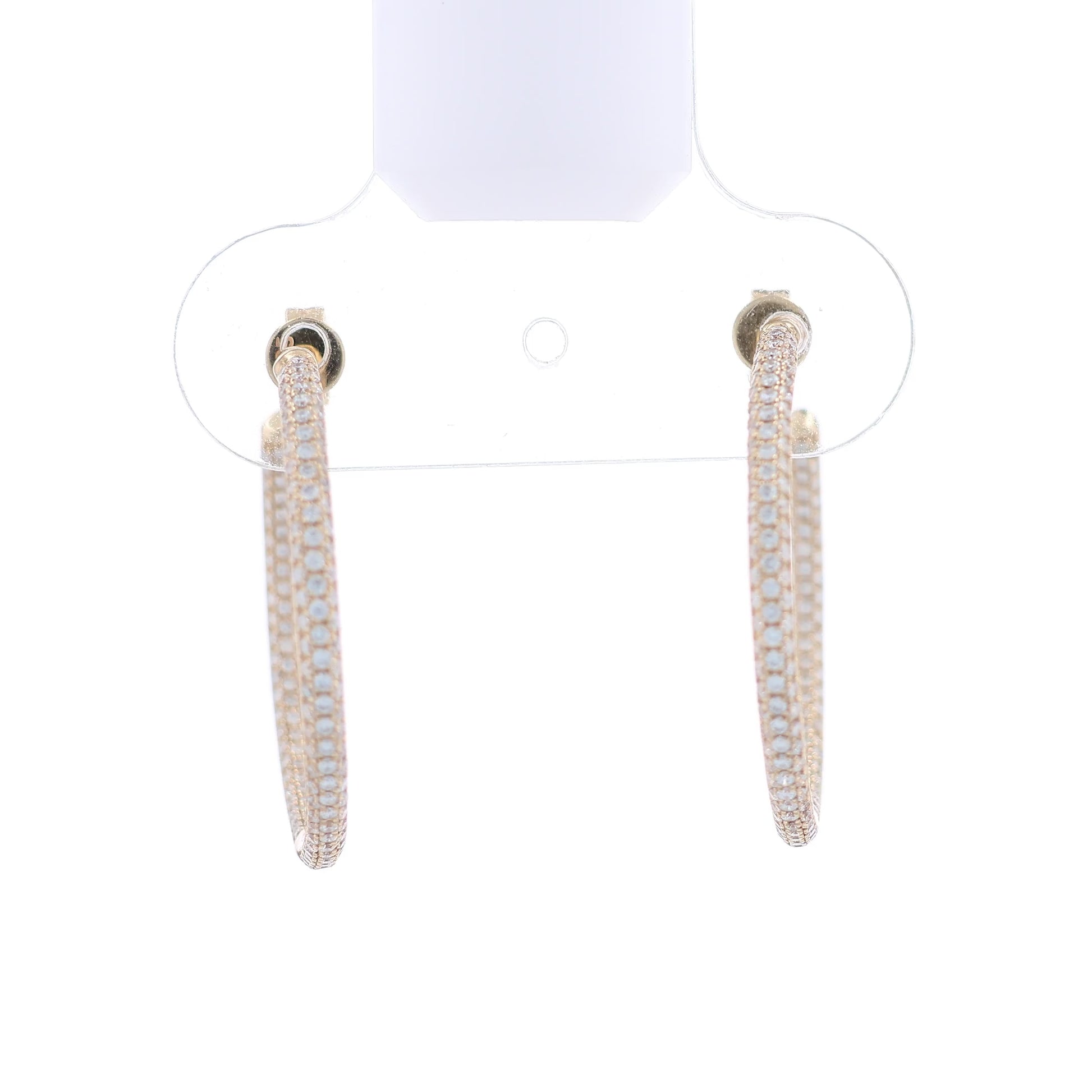 Yellow gold inside & out pave diamond hoop earrings on a white background