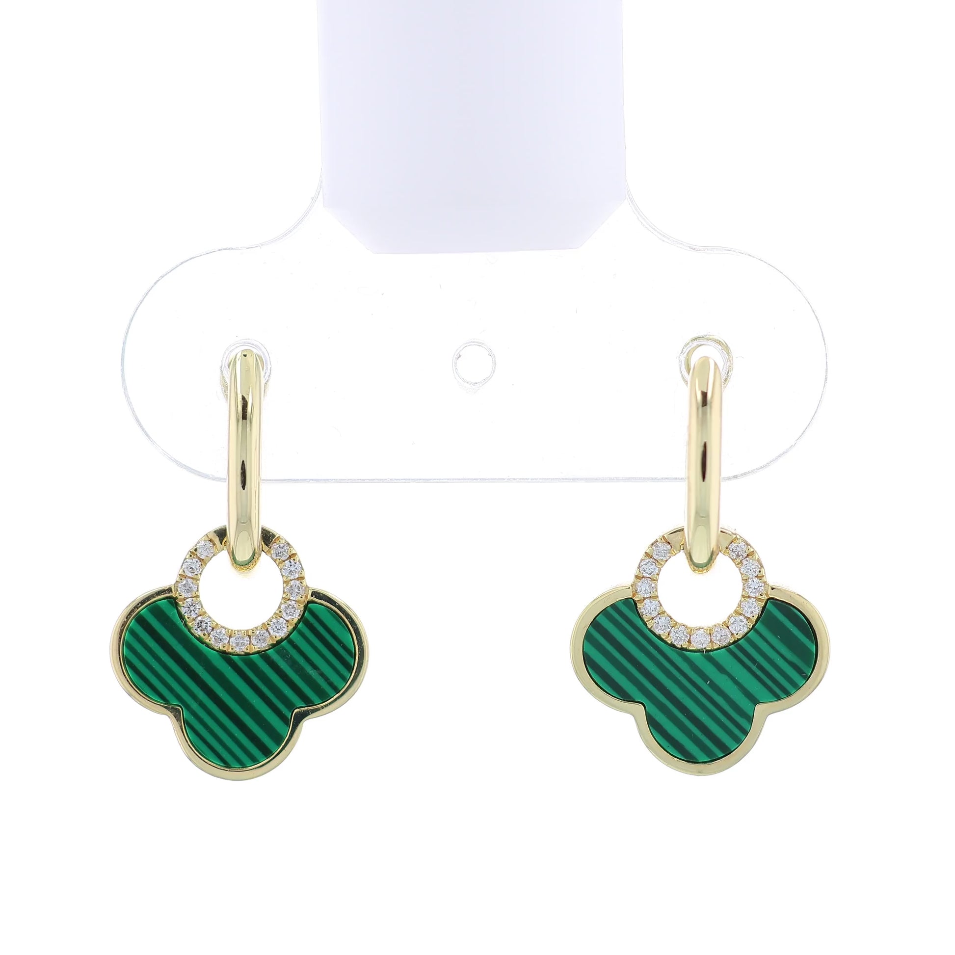 Gold drop earrings with green scallop shaped malachite and diamond accents on a white background