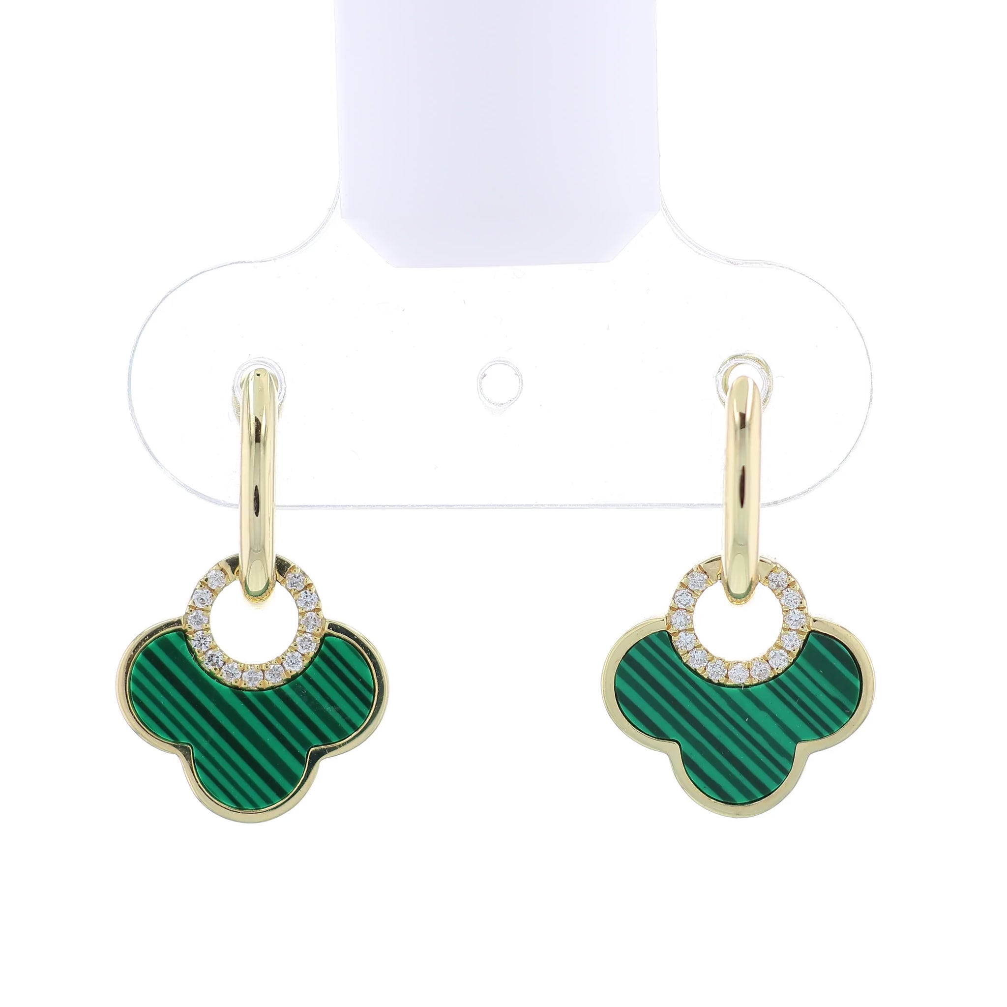 Gold drop earrings with green scallop shaped malachite and diamond accents on a white background