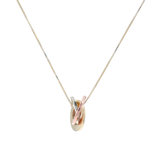 A three-tone metal pendant necklace featuring interlocking rings in yellow gold, rose gold, and silver, suspended from a delicate gold chain against a white background.