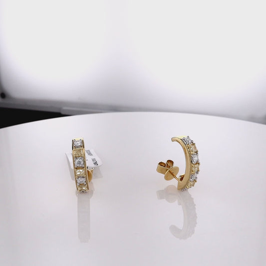18k Yellow Gold Alternating Yellow and White Diamond J Hoop Earrings
