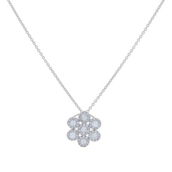 White gold diamond multi-cluster halo pendant necklace on a white background
