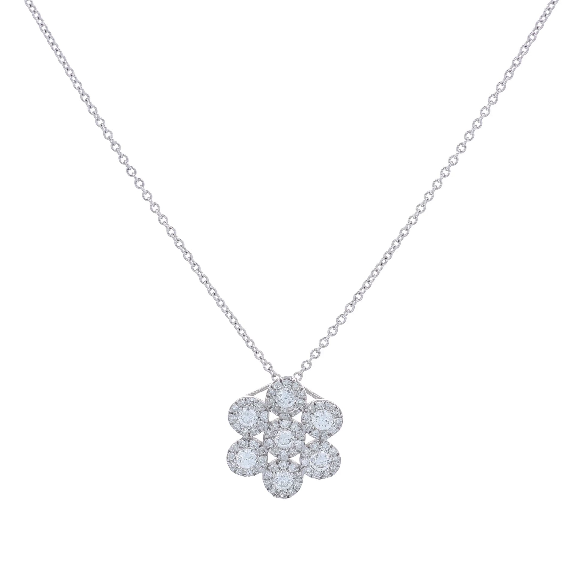 White gold diamond multi-cluster halo pendant necklace on a white background