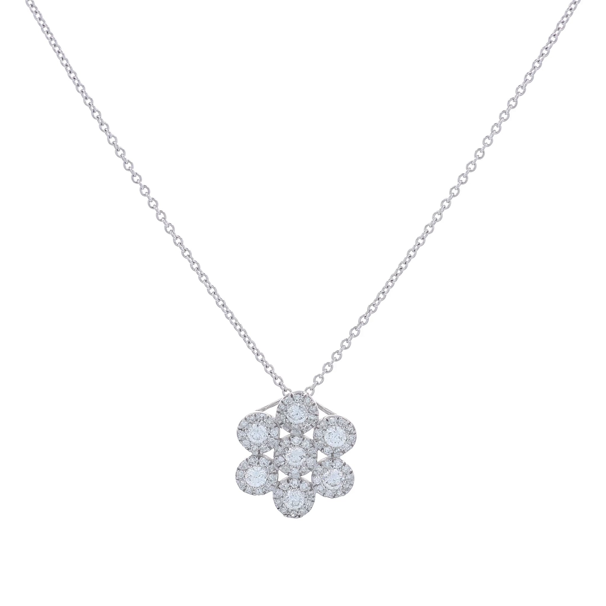 White gold diamond multi-cluster halo pendant necklace on a white background