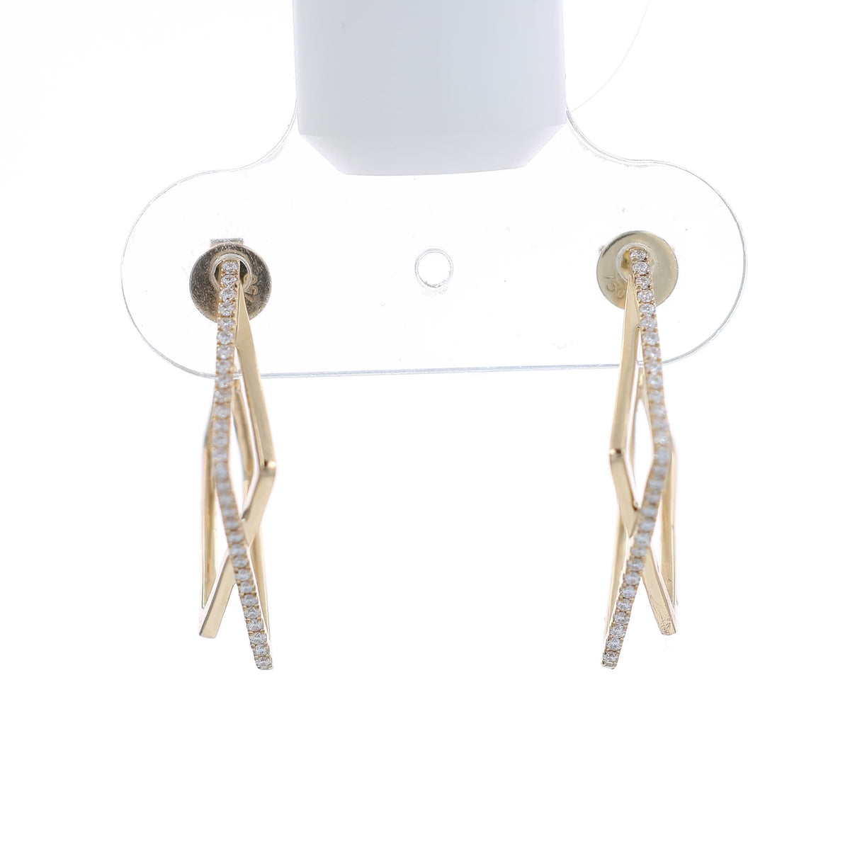 A video of A pair of gold hoop earrings with a twisted, geometric design set with small clear stones, shown at various angles against a plain white background