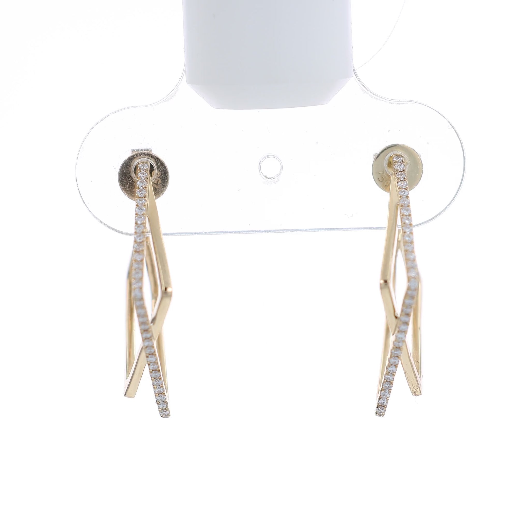 A video of A pair of gold hoop earrings with a twisted, geometric design set with small clear stones, shown at various angles against a plain white background
