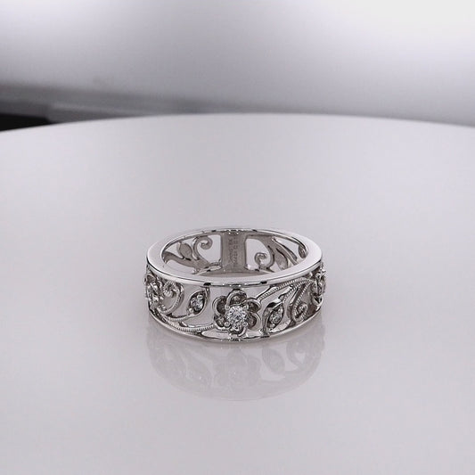 Simon G. 18k White Gold Floral and Leaf Design Open Work Diamond Band