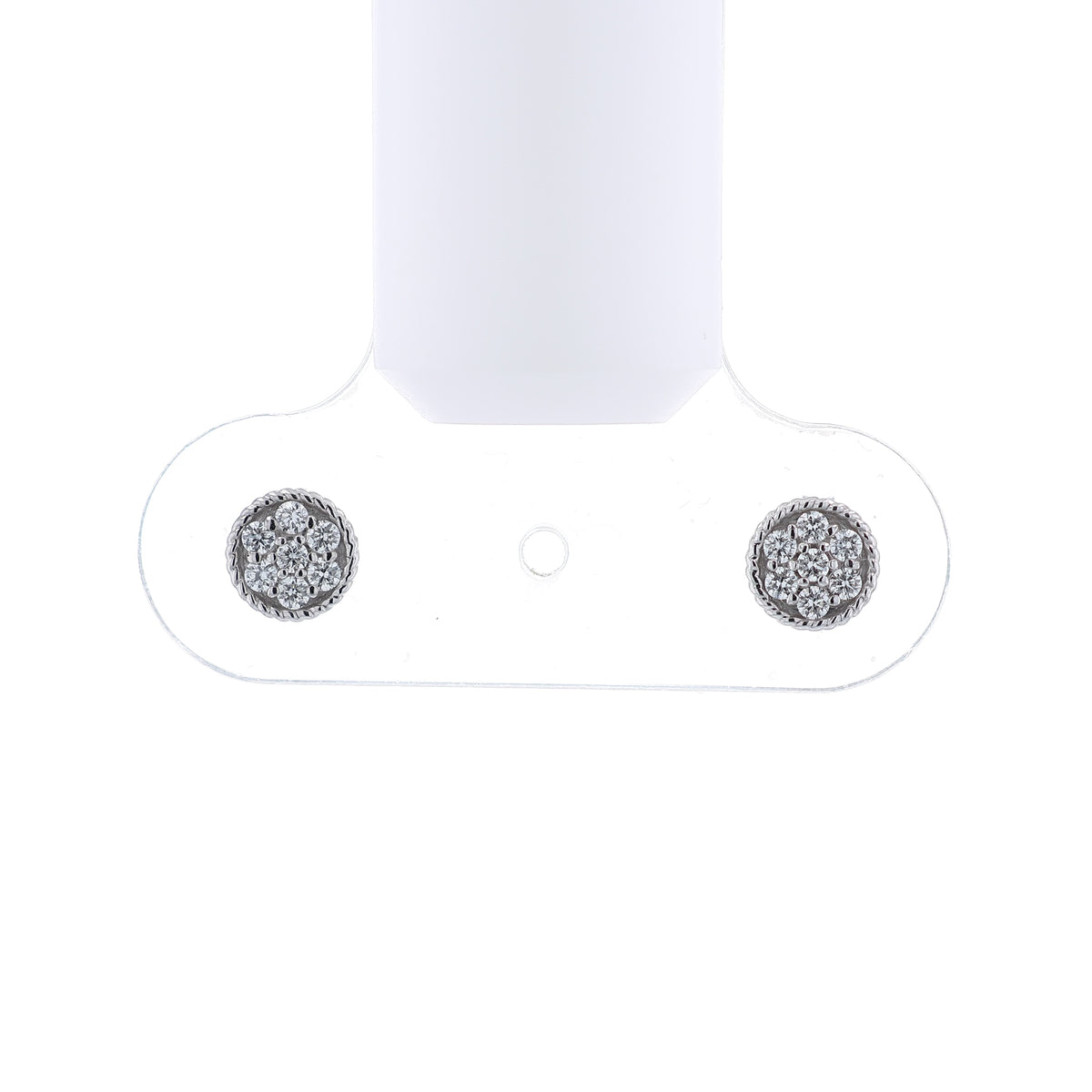 White gold rope border pave diamond disc button stud earrings on a white background