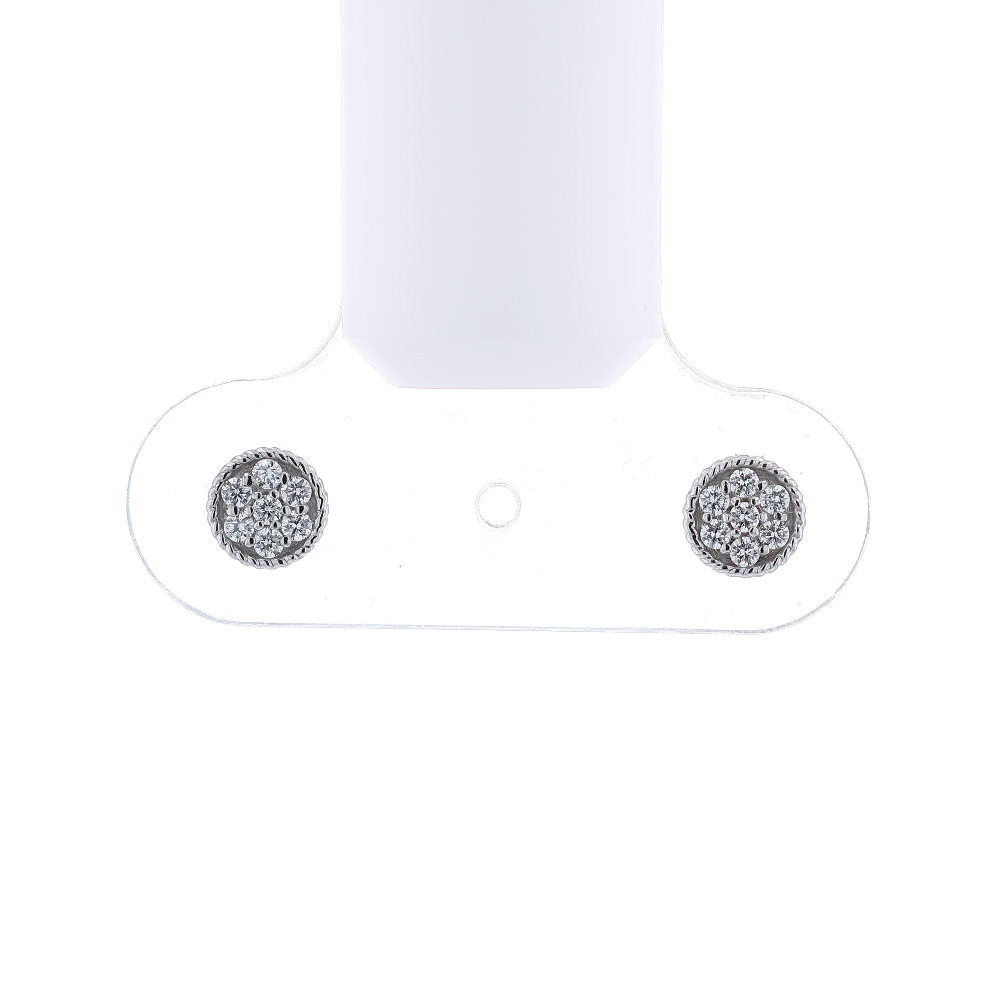 White gold rope border pave diamond disc button stud earrings on a white background