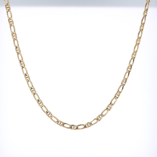 Yellow gold modified anchor link chain necklace on a white background