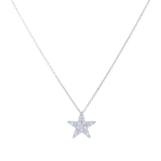 White gold star design pave diamond pendant necklace on a white background
