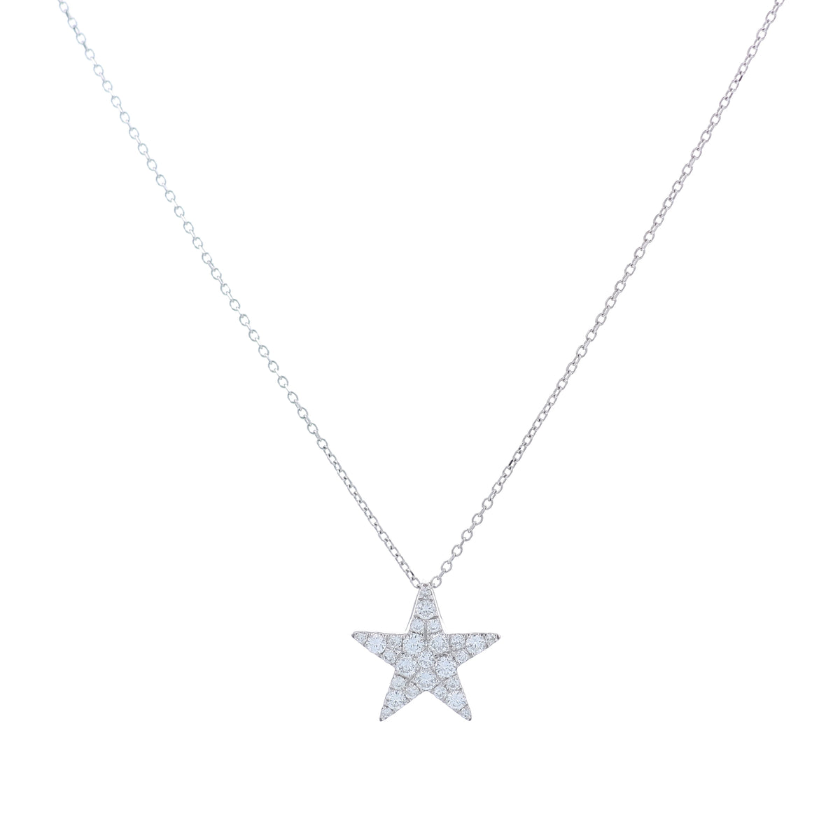 White gold star design pave diamond pendant necklace on a white background
