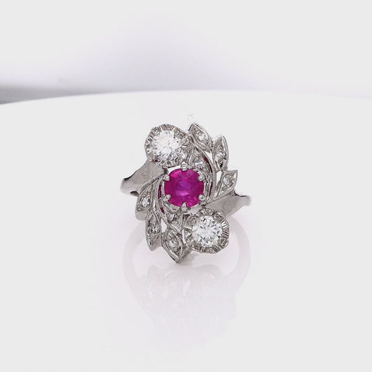 Estate 14 Karat White Gold Ruby & Diamond Cocktail Ring