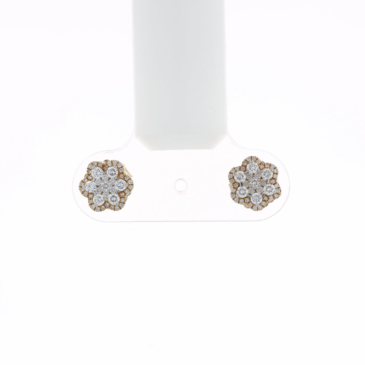 A video of a  pair of gold flower-shaped stud earrings set with multiple round-cut clear gemstones, displayed at various angles on a clean white background