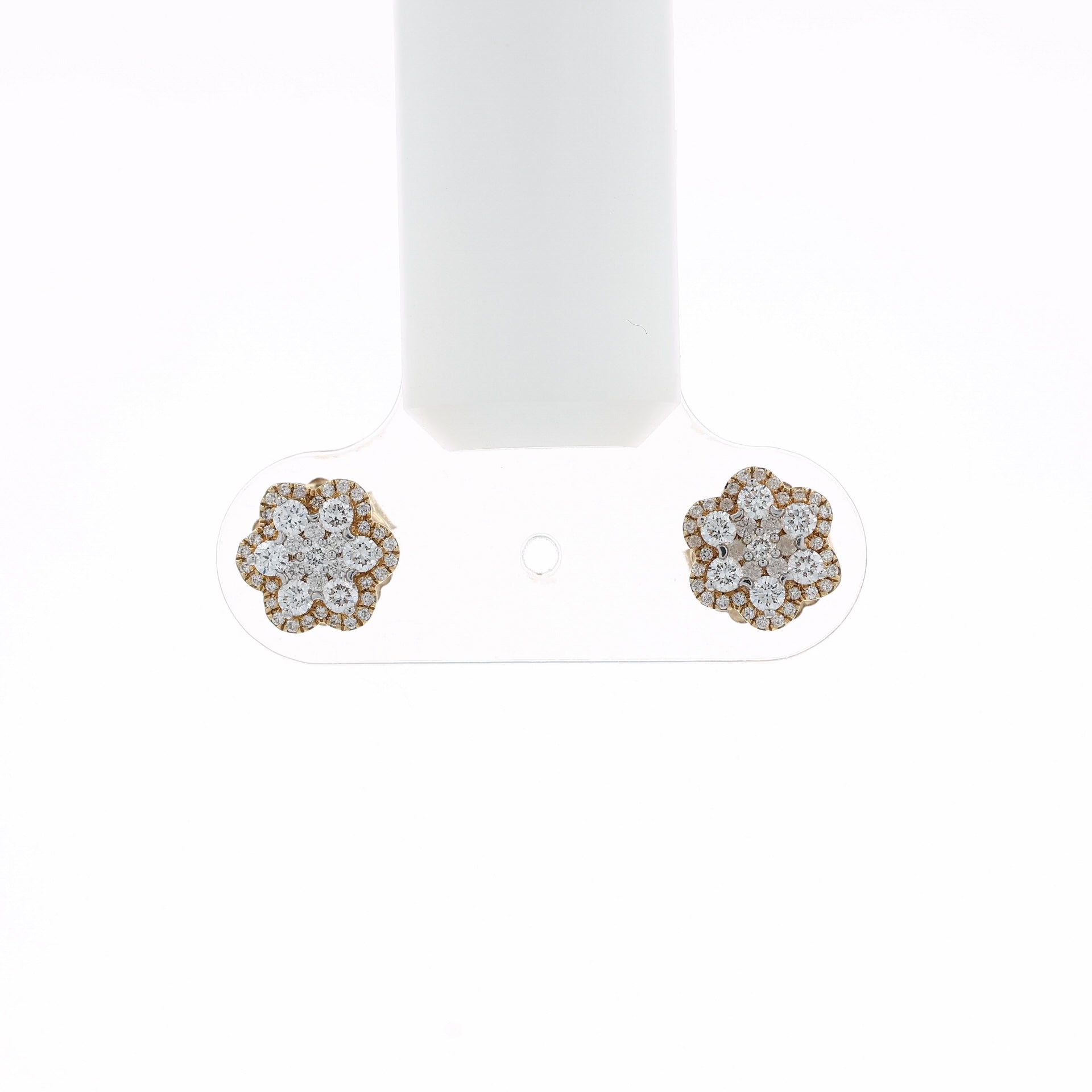 A video of a  pair of gold flower-shaped stud earrings set with multiple round-cut clear gemstones, displayed at various angles on a clean white background