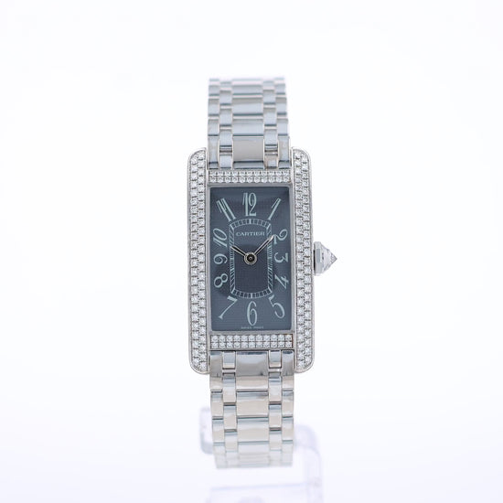 360 degree video of a Cartier watch with a diamond bezel and grey dial on a white background