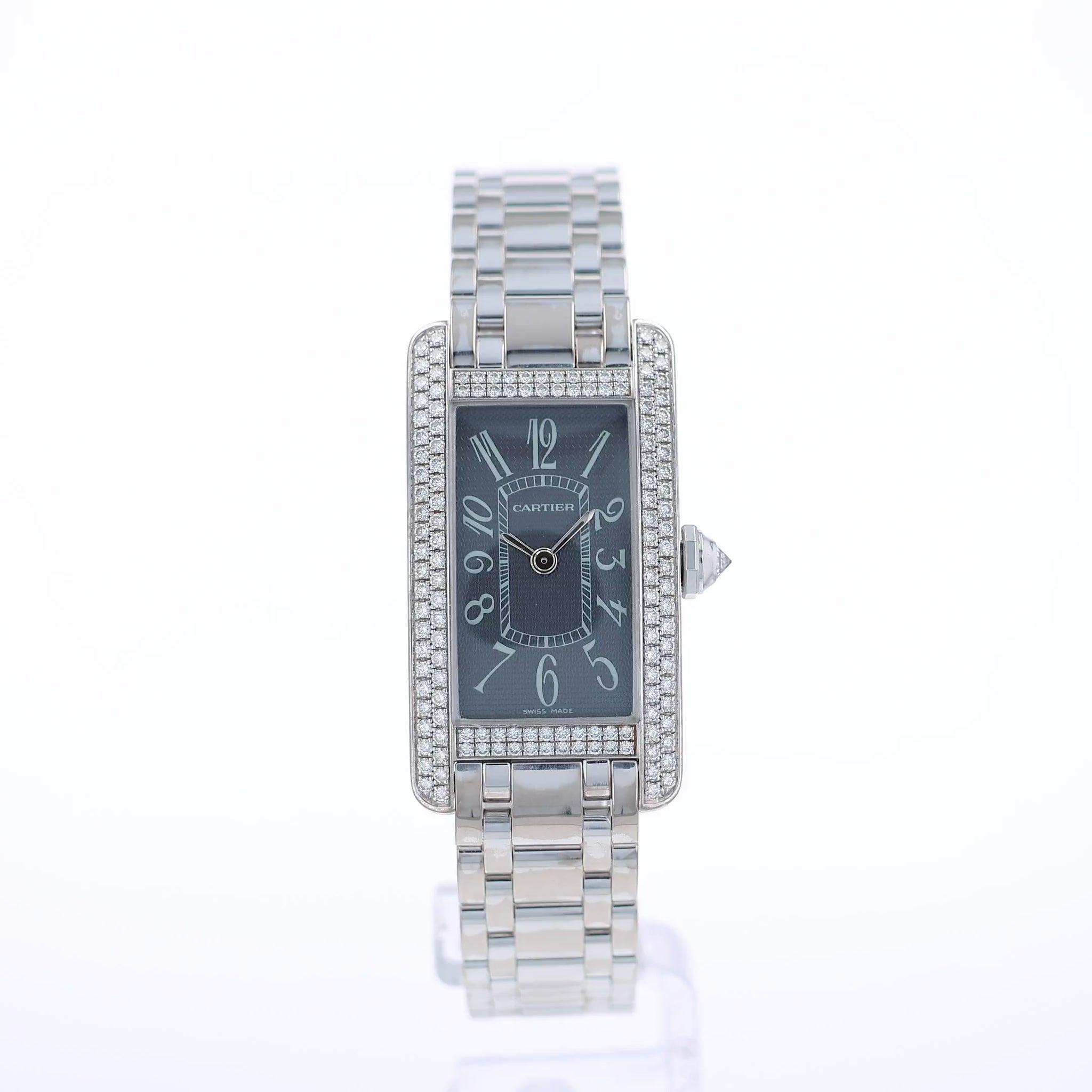 360 degree video of a Cartier watch with a diamond bezel and grey dial on a white background