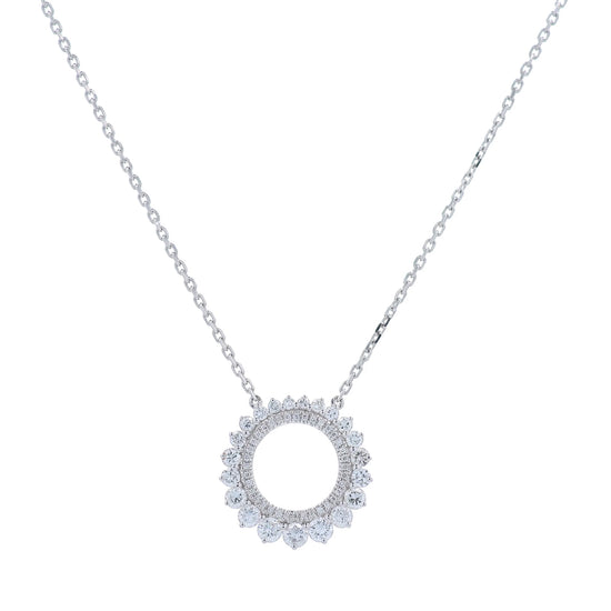 White gold double row open circle graduated diamond pendant necklace on a white background