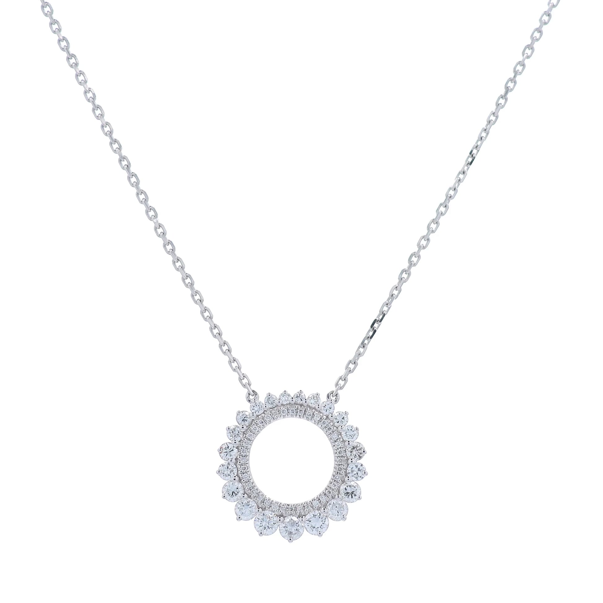 White gold double row open circle graduated diamond pendant necklace on a white background
