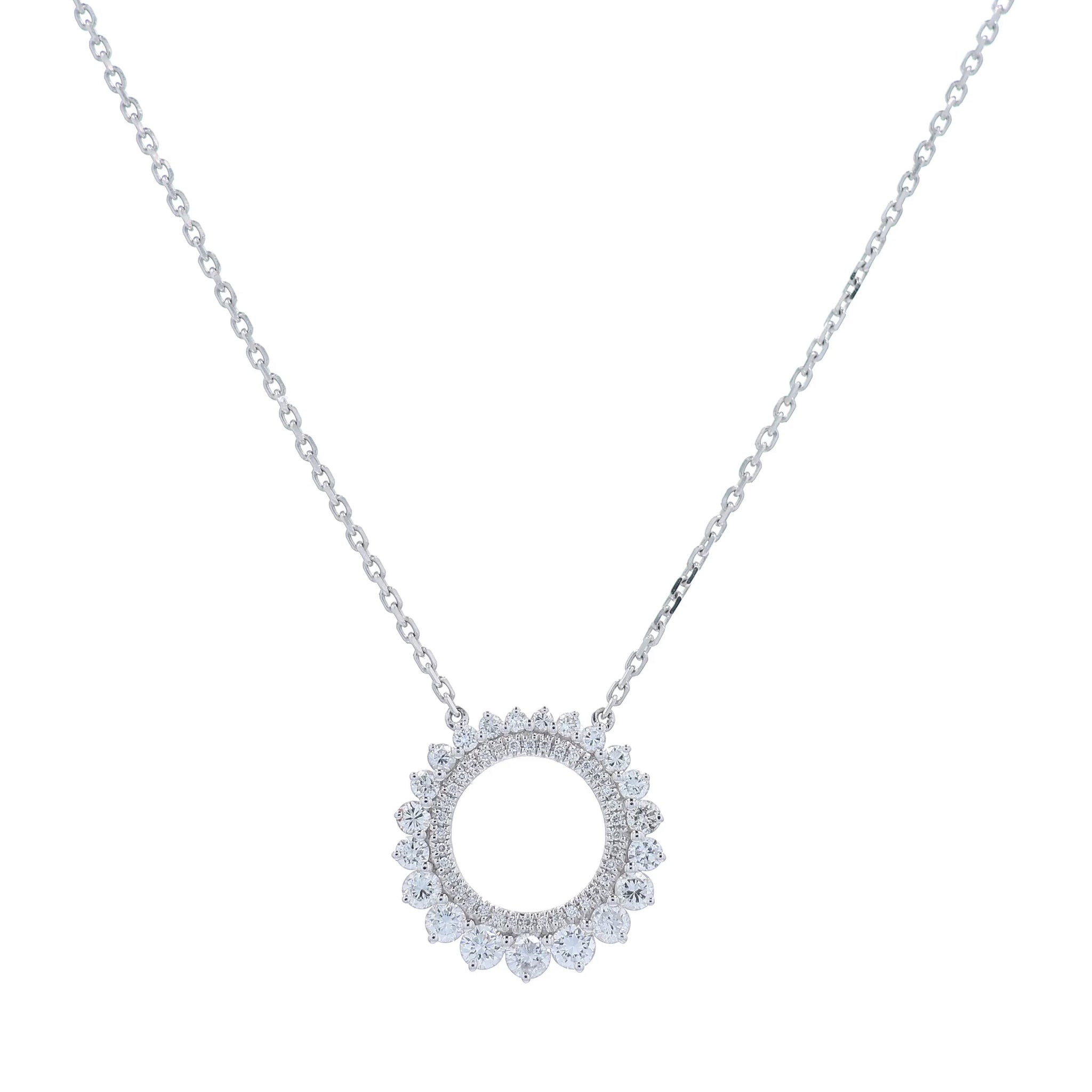 White gold double row open circle graduated diamond pendant necklace on a white background