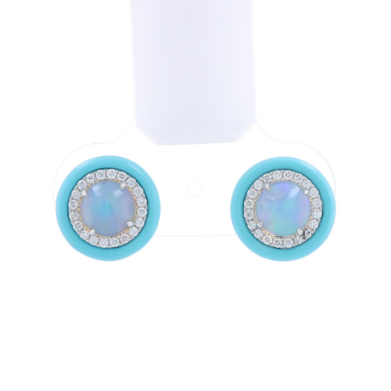 White gold opal and diamond halo stud earrings with round turquoise frames on a white background