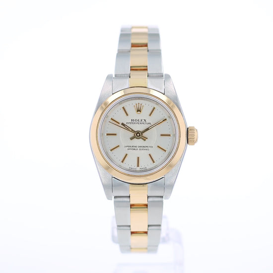 360 degree video of a Two-tone Rolex watch with a silver dial on a white background